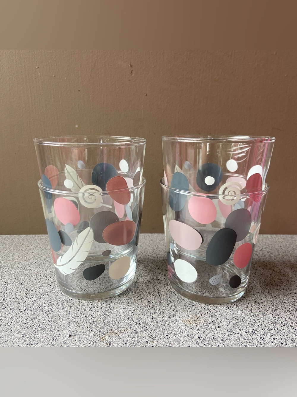 Set of 4 IKEA Sommarflox 10 oz Drinking Glasses Feather Multicolored Dots France